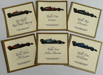 Formel 1 Hochzeit Tischnummern, F1 Rennwagen Teams, Tischmarkierungsschilder
