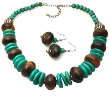 Ethnic Brown Large Wood Beads Necklace Earrings Set Faux Green Turquoise Resin