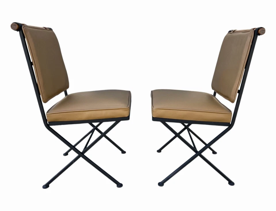 Juego de 4 sillas de comedor de campaña estilo Cleo Baldon - hierro forjado, roble y cuero Foto 4 de 4