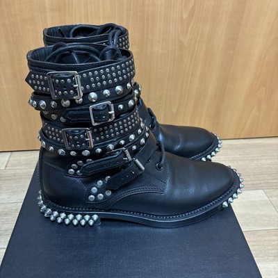 YSL Saint Laurent Studs Belt Detail Boots Black Leather Hedi 