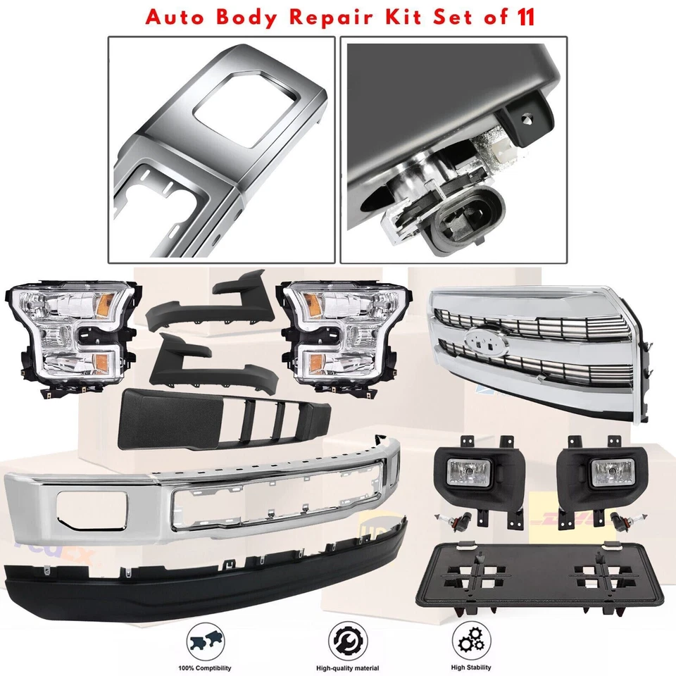 Front Bumper Face Bar Chrome & Headlights Assembly Kit For 2015-2017 Ford F-150 Foto 2 de 4