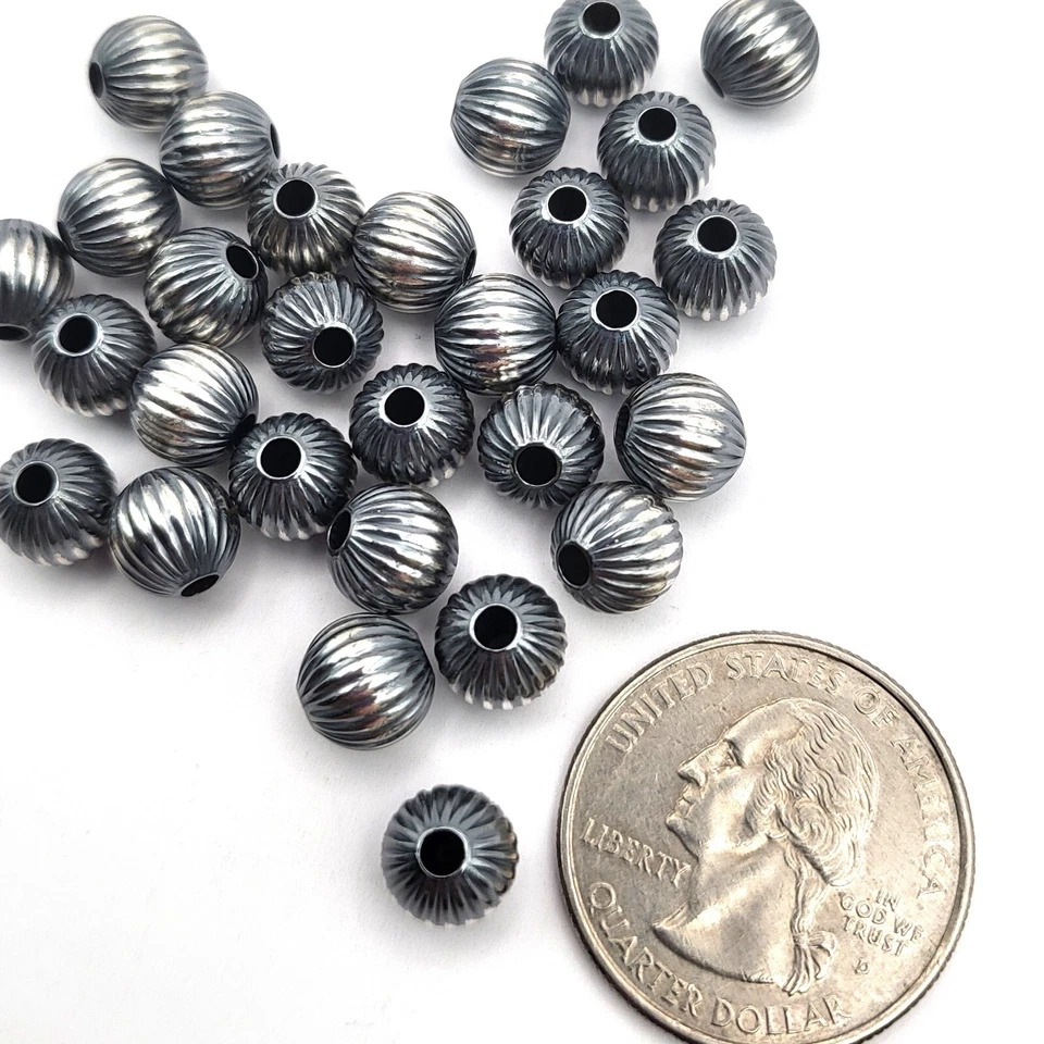 Bola espaçadora de pérolas Navajo redonda corrugada linda prata esterlina 0,925 real - Imagem 2 de 4