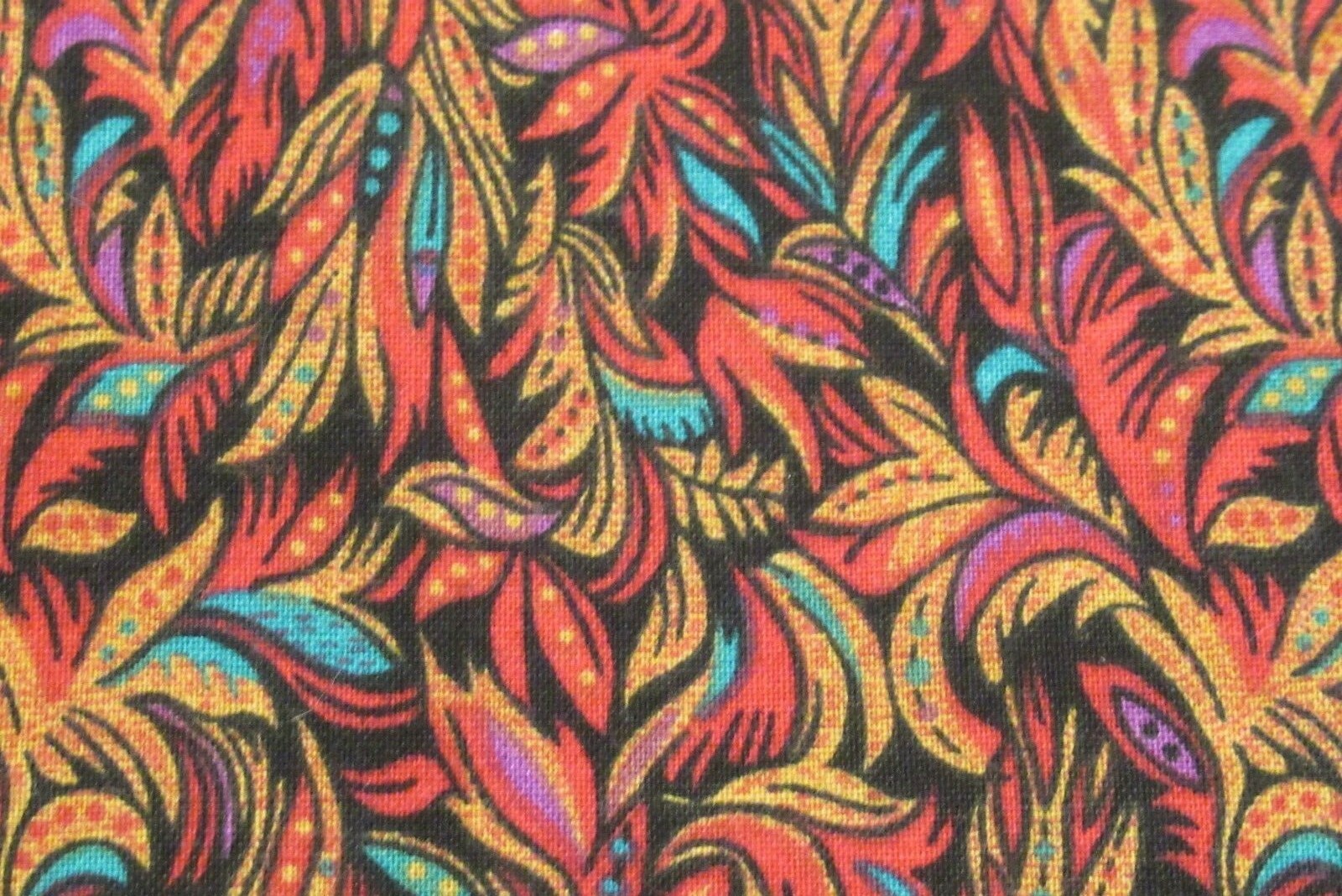 PETER PAN Fabric 100% Cotton YARDAGE Leaf/Feather Red-Orange Gold Aqua on Black
