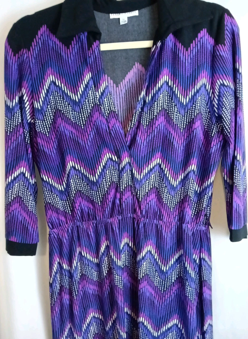 VETEMENTS Abito Sandra Darren viola e nero fantasia chevron maniche a 3 4 taglia 10