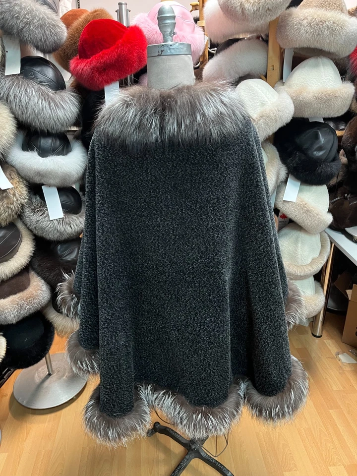 Luxury Charcoal Alpaca Cape with Genuine Silver Fox Fur Trim Made in Canada - Image 2 of 4