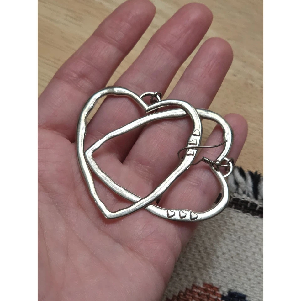 Large Silver Tone Open Heart Hoop Earrings Textured Statement Dangle Drop Love - Image 2 of 4