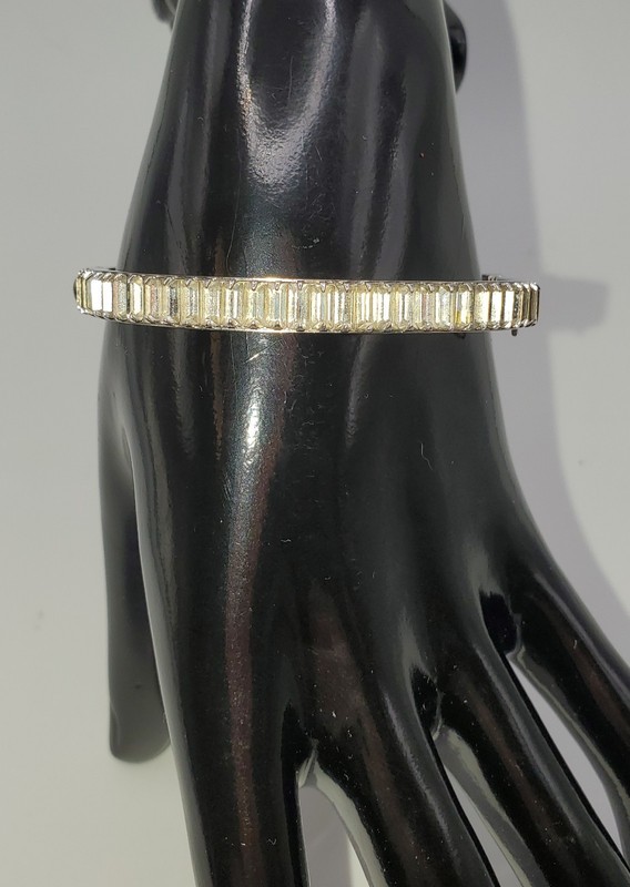 Vintage Channel Set Baguette Rhinestone Hinged Bangle Bracelet Silver