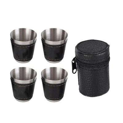 Edelstahl Tassen Set Stapelbar Metall Tassen Pu Leder Tasche Set 4 Stück - Bild 1 von 4