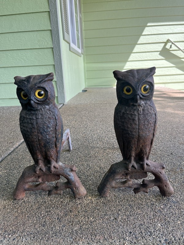Owl andirons cast iron with glass eyes antique pair 1887 stamped Original