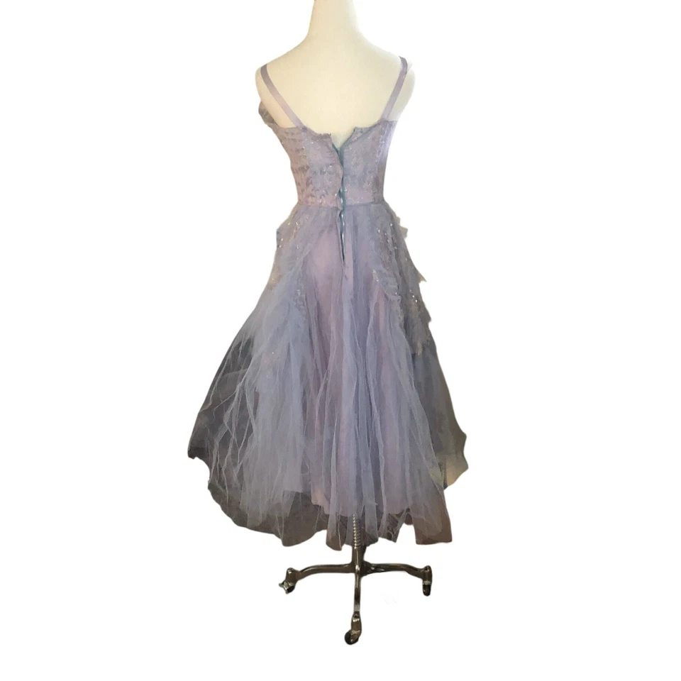 Vtg 50s Purple Blue Tulle Dress Party Prom Cupcake Ruffled Netting Floral Lace S - Image 3 of 4