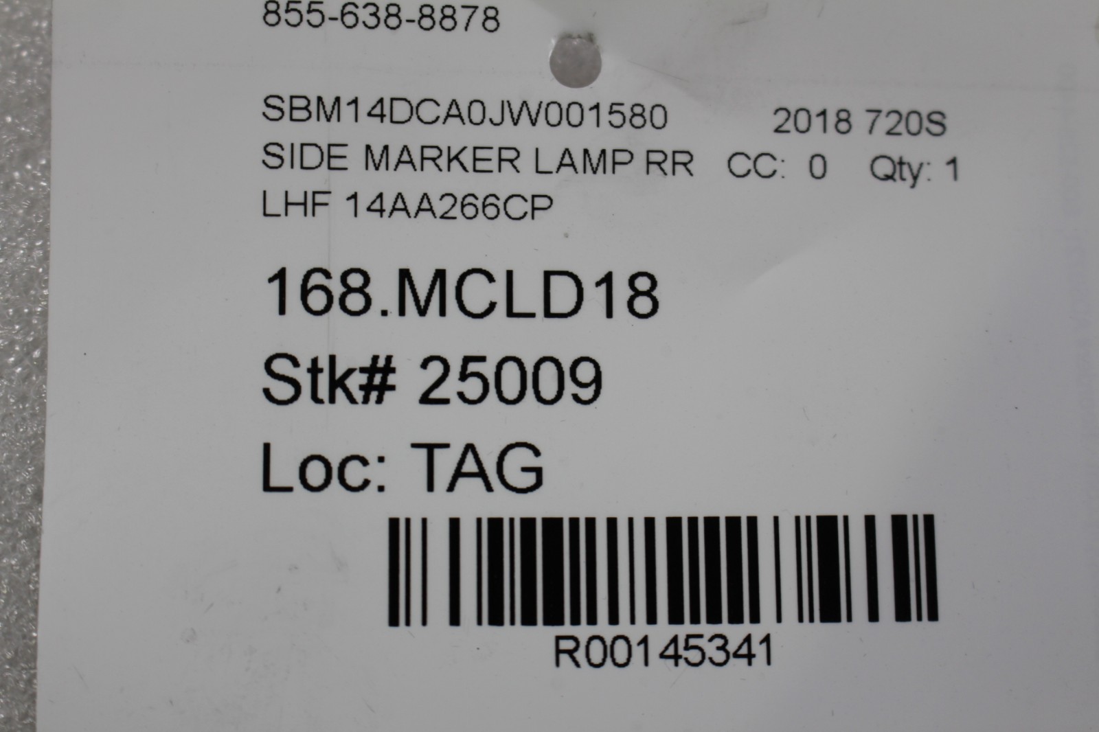 McLaren 720S, LH, Left, Front Side Marker Light, Used, P/N 14AA266CP