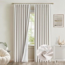 Natural Linen Pinch Pleated Curtains 84 Inch Length 2 Panels 100 Blackout Li...