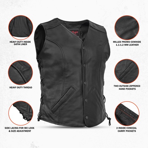Damen Leder Motorrad Weste offener Ausschnitt, seitliche Schnürsenkel und verdeckte Taschen schwarz - Bild 5 von 13