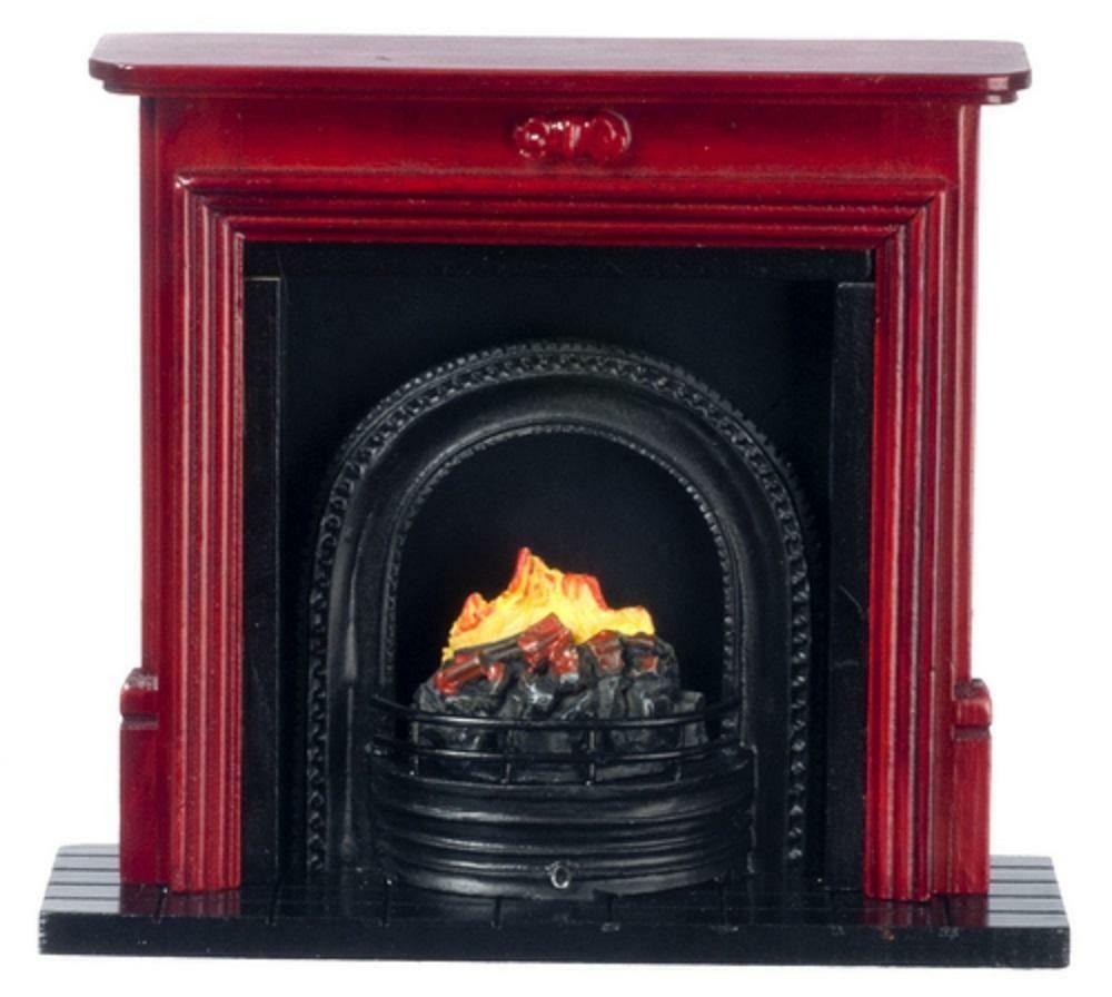 Dolls House Mahogany Fireplace with Fire in Black Grate Miniature Furniture