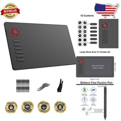A15 Drawing Tablet Red 10x6'' Wide 12 Keys Battery-Free Pen Linux/Android