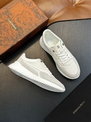 Stefano Ricci White Grey Leather Suede Sneakers Designer Sport Shoes NWT