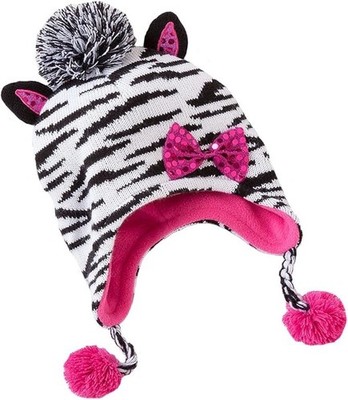 Zebra Knit Earflap Tassels Girls Winter Hat Sparkle Ears & Bow Fleece Lined, 4-7