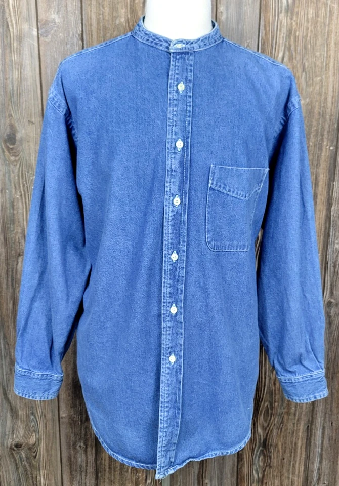 Vintage American Eagle Outfitters Denim Shirt Button Up Collarless Blue Mens L - Image 3 of 4