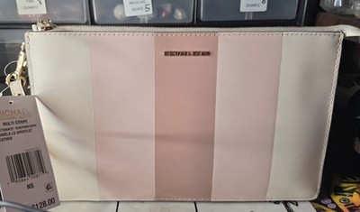 Michael Kors Large Wristlet Clutch Wallet Pink White Stripe Gold Zip