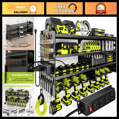Large Power Tool Organizer Wall Mount with Charging Station, 4-Layer Metal Rack,