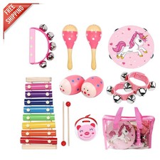 12-Piece Kids Musical Instruments Set - Safe Wooden Percussion Toys in Pink