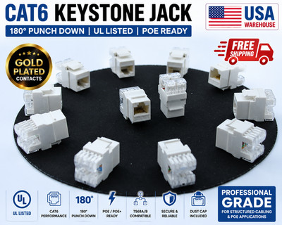 Cat6 RJ45 Keystone Jack 180° Punch Down UL Listed PoE Ready T568A/B, 5-10-25pcs
