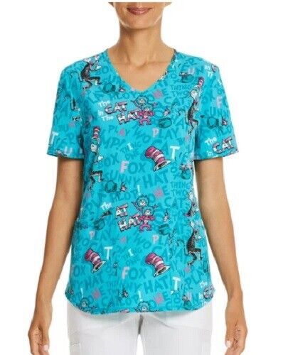 Scrubstar Dr Suess NEW♈Womans Printed scrub Top size S~Cat in Hat Turquoise/pink