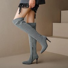 Occident Women Prom Party Club Over The Knee Boots Pointed Toe High Heels Zipper
