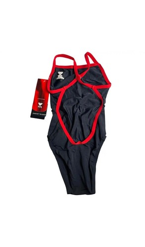 TYR Durafast Youth Solid Ringback 1pc Piece SwimSuit Black Red Trim Girls Sz 24 - Picture 2 of 2