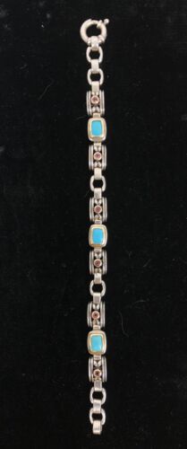 0,925 argent sterling et or 14 carats avec bracelet saphir turquoise et rose 7,25 pouces 25 g - Photo 1/11