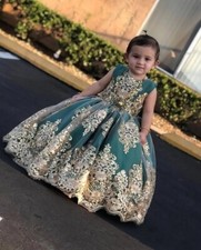 Floor Length Girls Pageant Dresses Gold Lace Appliques Crystal Beaded