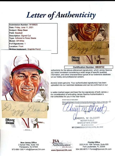 Dizzy Dean JSA Coa Signed Perez Steele Cut Postcard Autograph