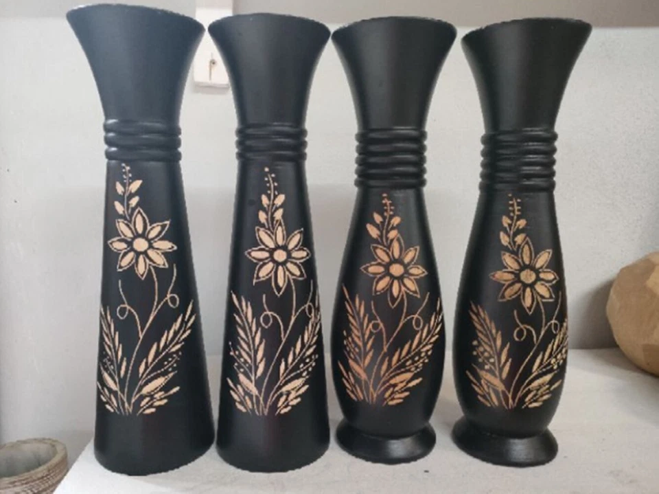 Jarrón de madera de 1 pieza talla de flores hogar tailandés hecho a mano tono alto 14 x 4 pulgadas (alto x ancho) Foto 3 de 4