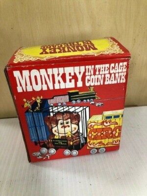 BRAND NEW IN BOX- NOS-1982 Monkey In The Cage Coin Bank ~ With Lock & Key & Box