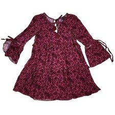 American Eagle Dress Medium Bell Sleeves Maroon Floral Boho Hippie V Neck Tiered