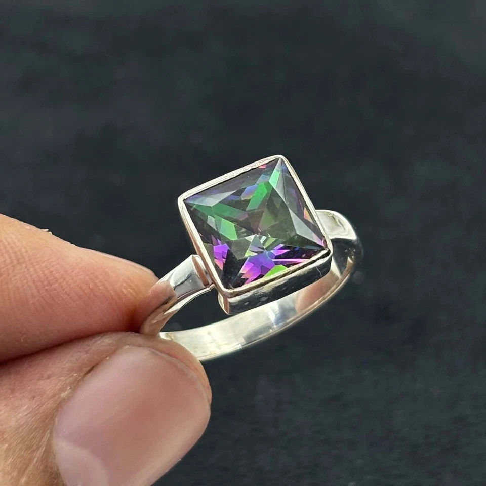 Juego de pendientes de anillo hechos a mano de plata esterlina maciza 925 con topacio arco iris KJ-726 Foto 3 de 4