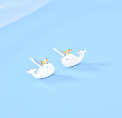 Adorable Silver Tiny Animal Whale Gold Tone Stud Earrings
