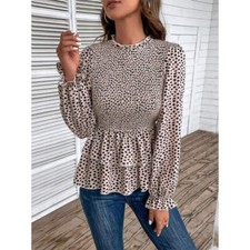 Printed Round Neck Smocked Flounce Sleeve T-Shirt