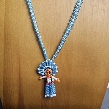 Indigenous Native American Inspired Beaded Necklace Chief Turquoise White 24"