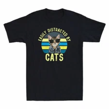 Easly Distracted By Cats Funny Cat Lover Vintage Men's T-shirt Cotton Black Top