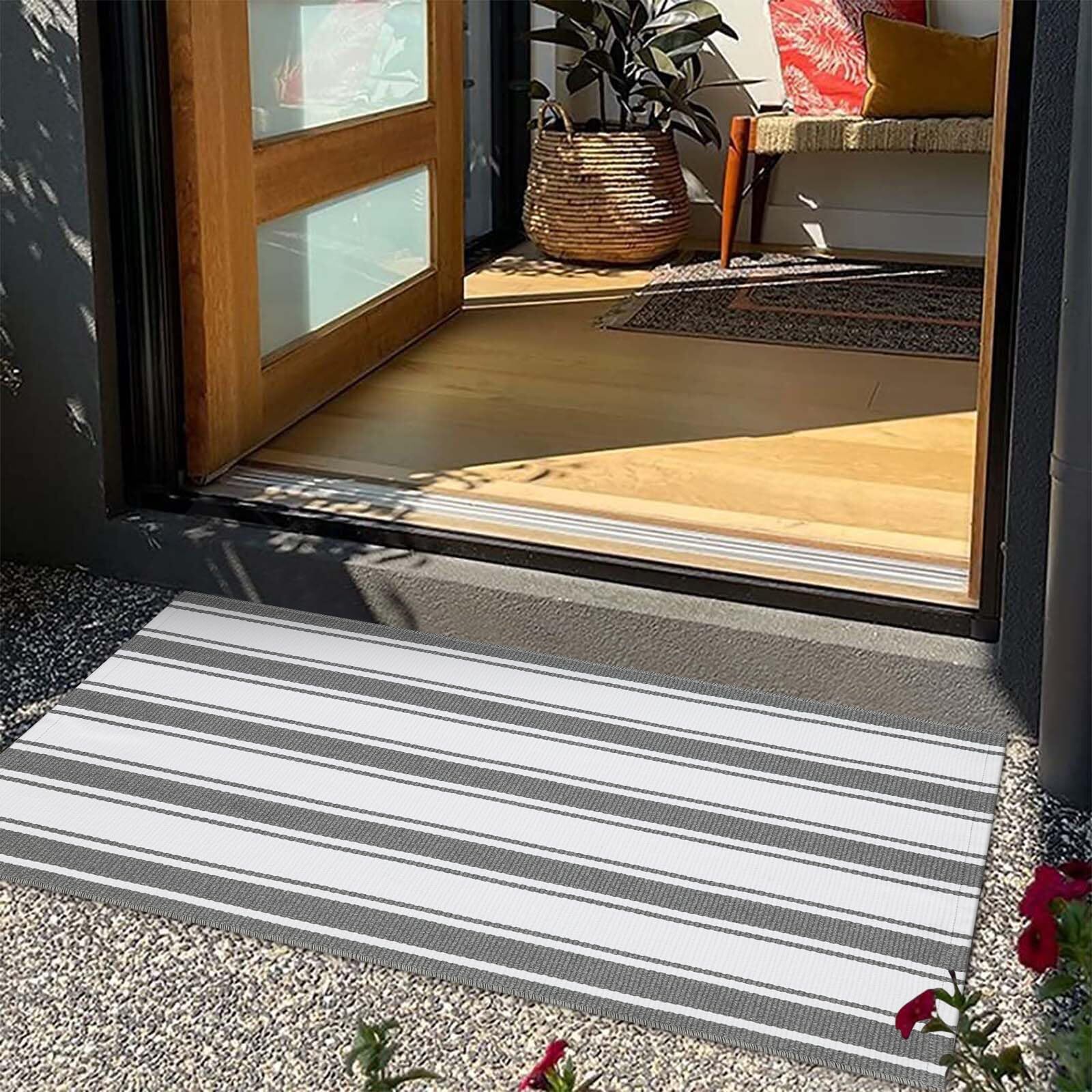 Grey Striped Front Door Mat 2'x4.3', Washable Low Profile Entryway Rug, Rever...