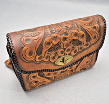 Vintage Meeker Hand Tooled Ornate Western Brown Leather Purse With Strap
