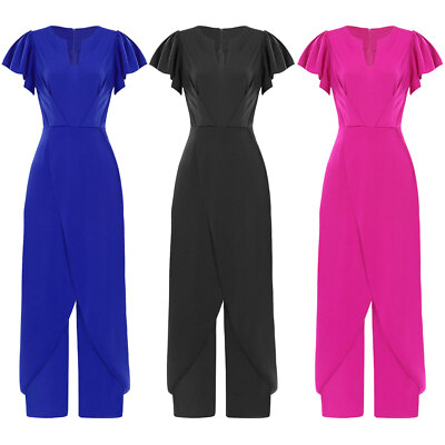 Women V-neck Jumpsuit Invisible Zipper Irregular Wide-leg Elegant Ruffle Sleeve