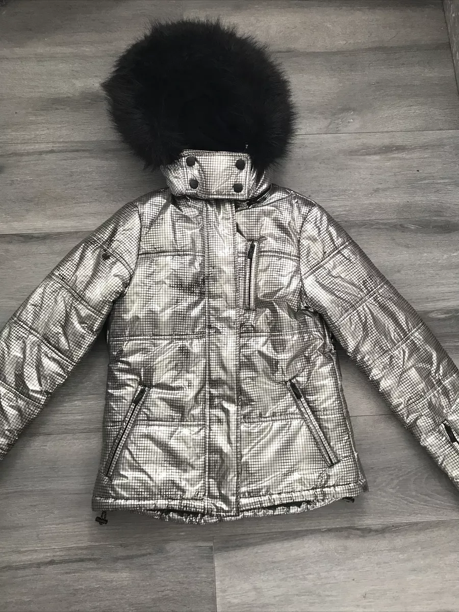 ladies size 8 topshop sno ski silver jacket coat faux fur hood snow  (description