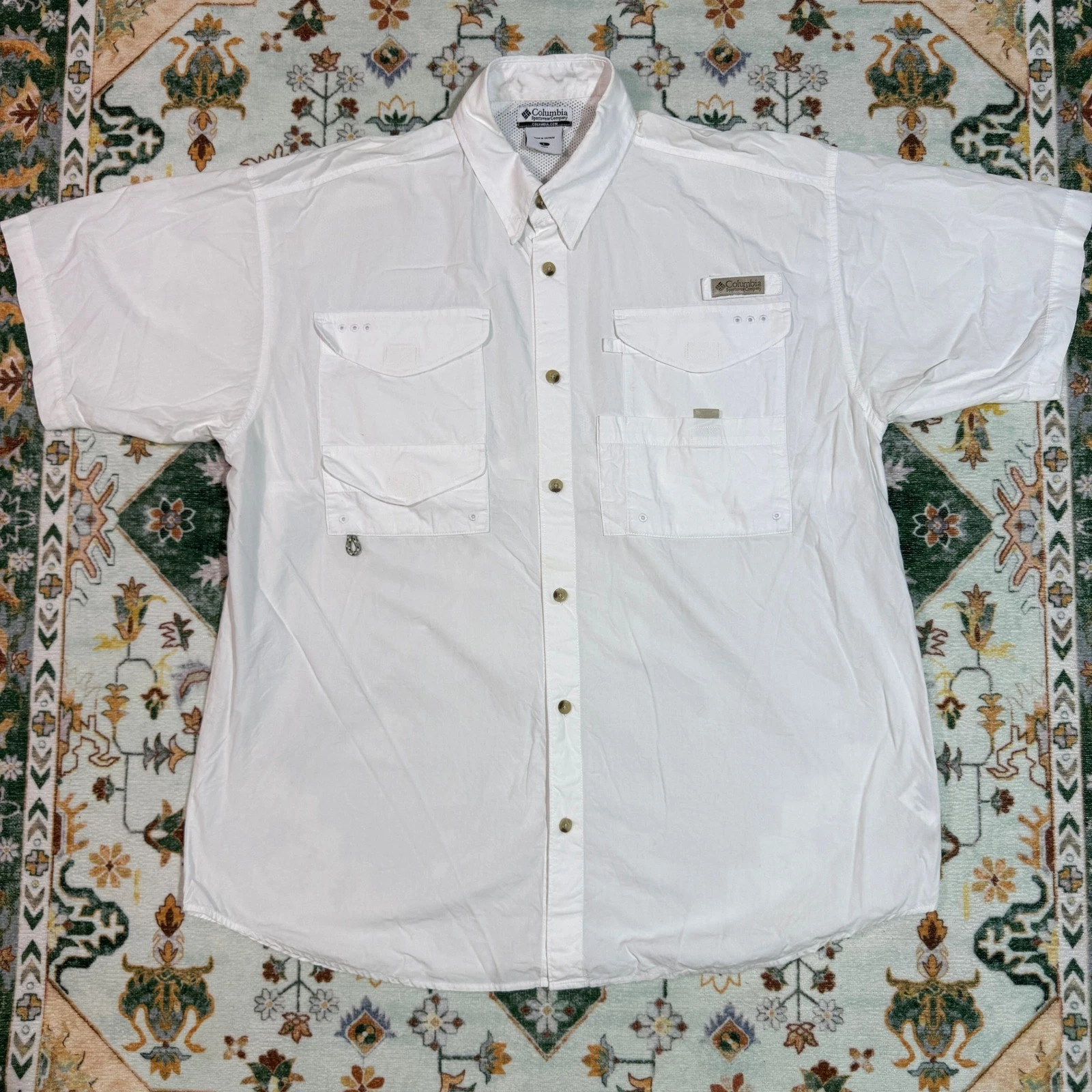 Columbia Mens L White Short Sleeve Button Up Fishing Shirt