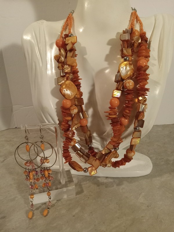Orange Shell Bead Multi Strand Necklace Earrings Set Beach Vacation Style