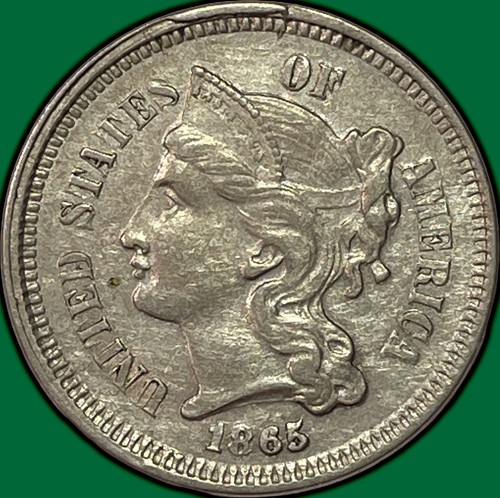 1865 Three Cent Nickel Almost Uncirculated AU Coin, Chatter on Obverse #39952