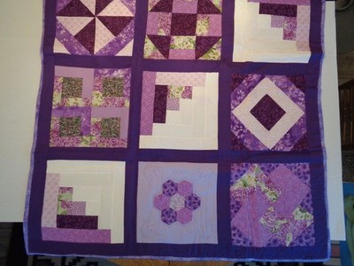 Handmade Quilt; Purple Tones; Sampler Blocks Pattern. Hand stitched.