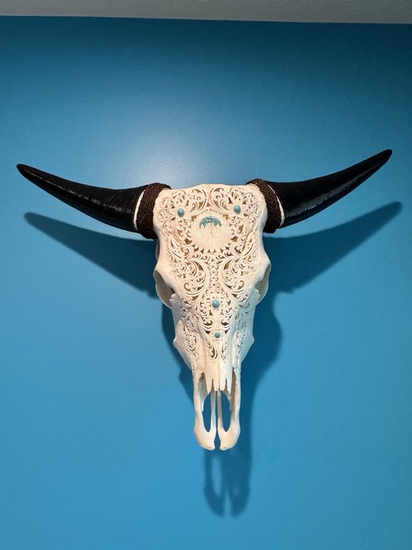 Skull Bliss Handmade Hand-Carved Cow Skull White Glowing Mandala Decor w/ Horns
