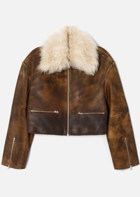 Women s Re/Done Inspired Distressed Brown Aviator Shearling B3 Leather Jacket